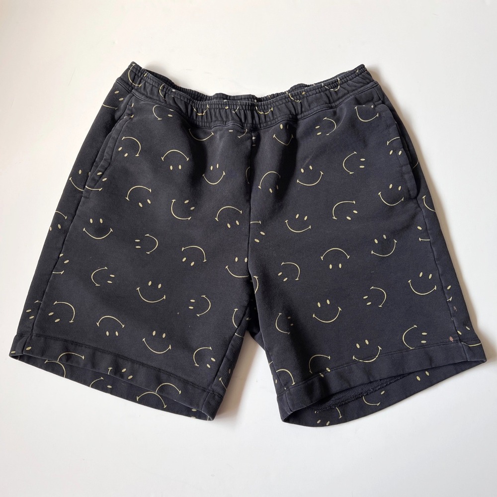 Sandro Smiley Sweat Shorts Size M Black Yellow Happy Face Graphic Print Unisex